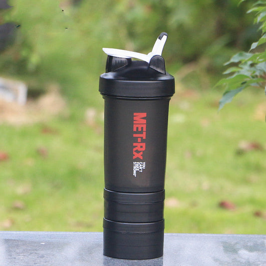 Black eco-friendly protein shaker bottle with red and white text