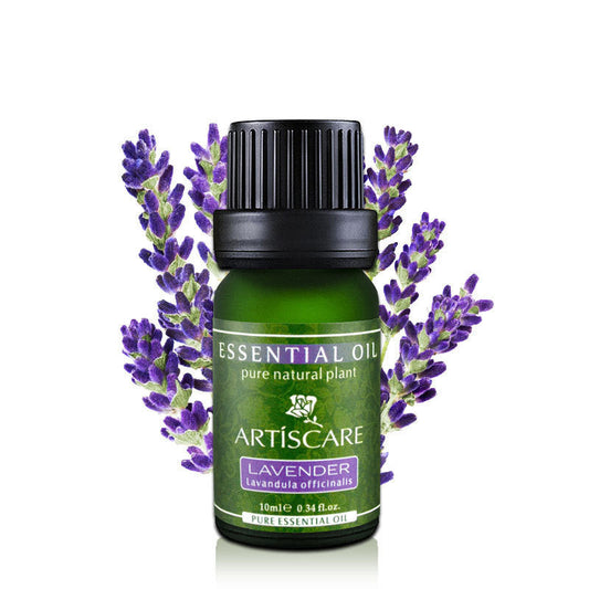 Lavender Essential Oil in Green Glass Bottle with Black Cap