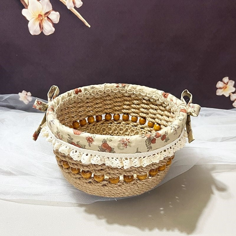 Eco-Friendly Decorative Storage Basket - Natural Beige with Floral Accents