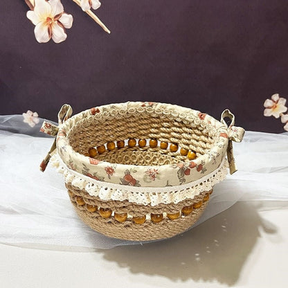 Eco-Friendly Decorative Storage Basket - Natural Beige with Floral Accents