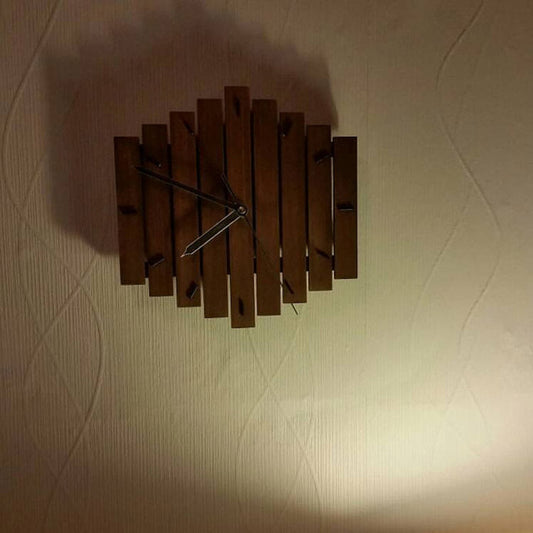 Natural Wood Analog Wall Clock with Staggered Wooden Slats