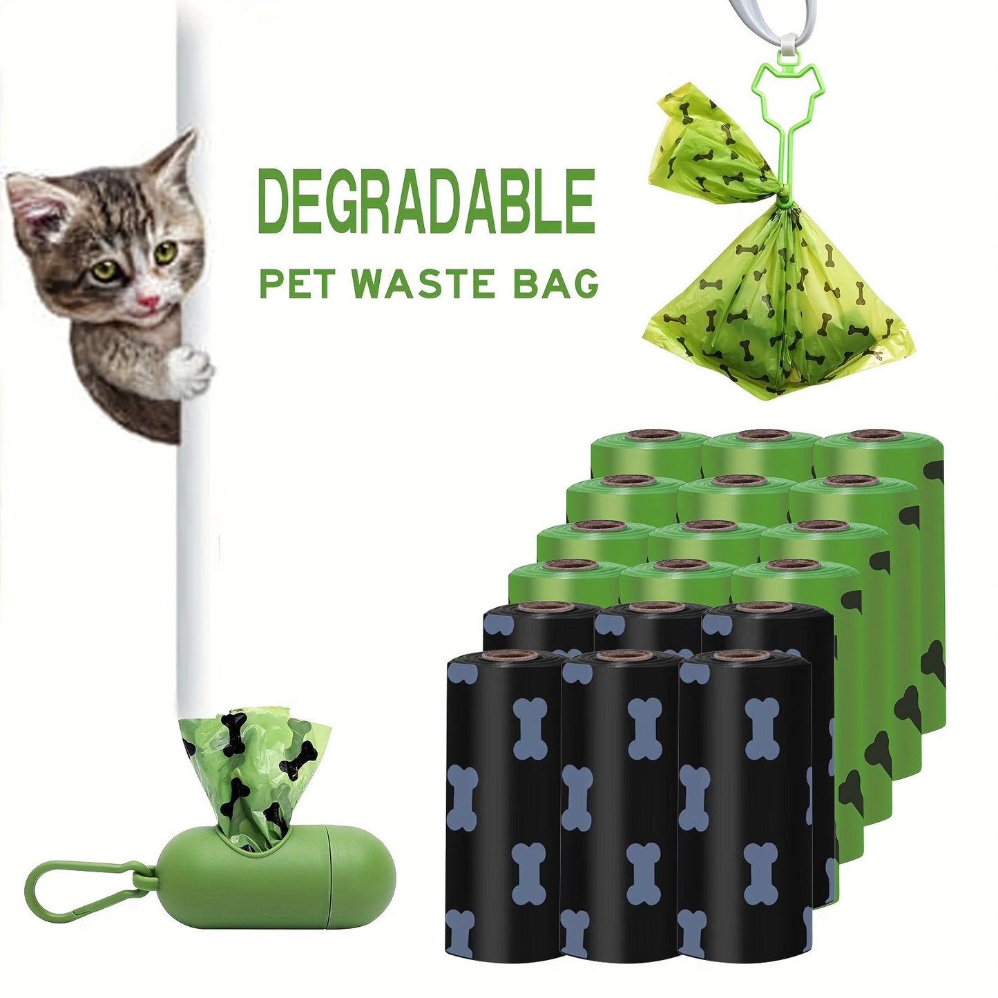 Eco-Friendly Degradable Pet Waste Bags with Dispenser - Green & Black