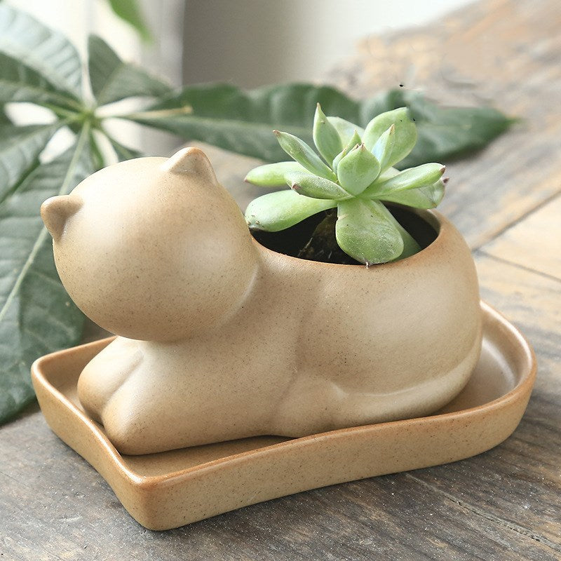 Eco-Friendly Elephant & Cat Succulent Planters - Natural Beige Ceramic