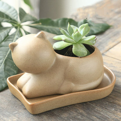 Eco-Friendly Elephant & Cat Succulent Planters - Natural Beige Ceramic