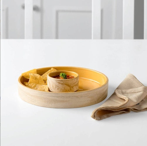 Eco-Friendly Round Serving Tray with Dip Bowl in Natural Wood and Yellow