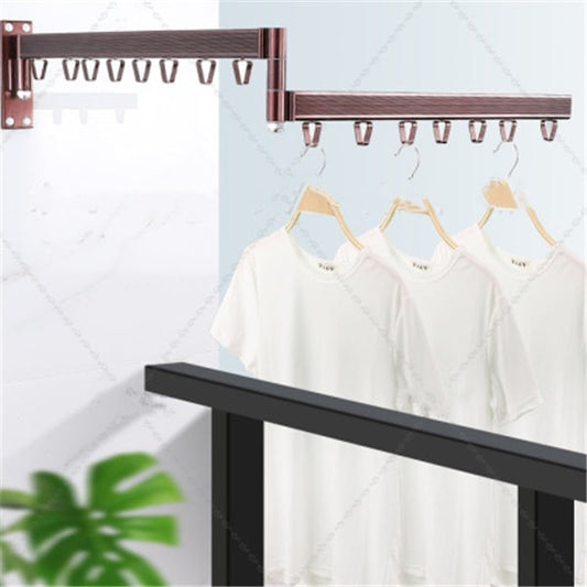 Wall-mounted clothes drying rack in brown, rectangular with multiple hooks