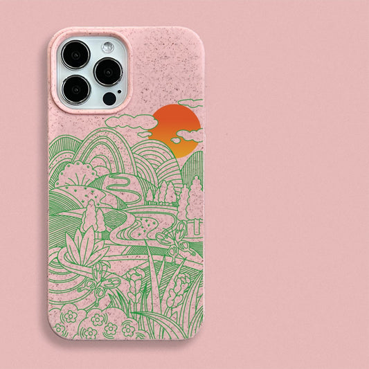 Biodegradable pink phone case with green and orange design