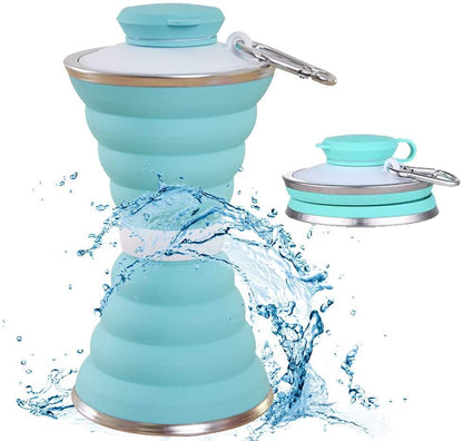 Light Blue Collapsible Silicone Water Bottle with Accordion Design