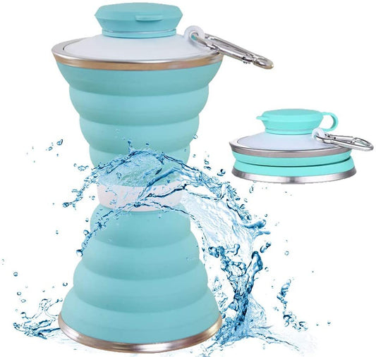 Light Blue Collapsible Silicone Water Bottle with Accordion Design