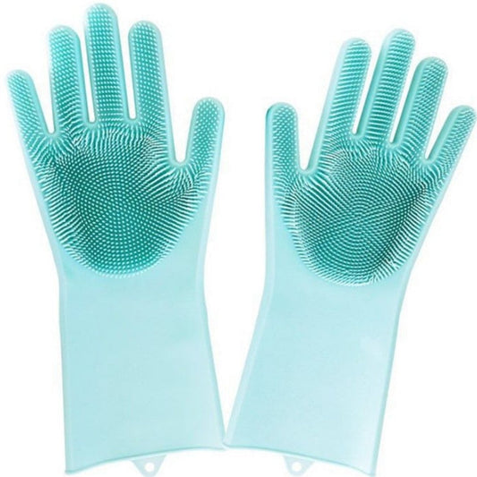 Light blue silicone cleaning gloves with scrubbing bristles