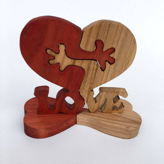 Heart-shaped wooden puzzle piece in red and natural wood tones