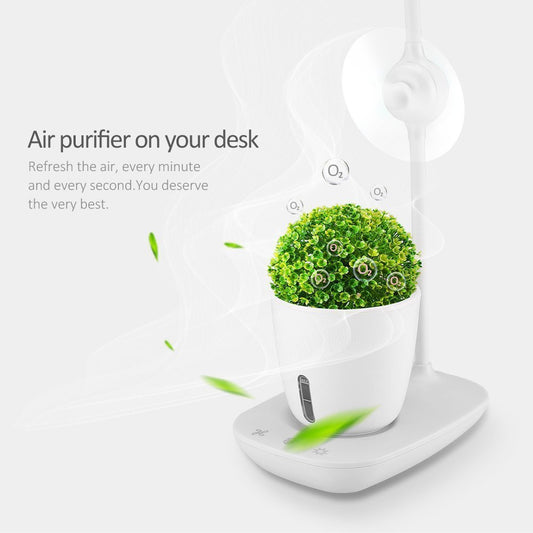 Desk Air Purifier with Integrated Plant on a White Base