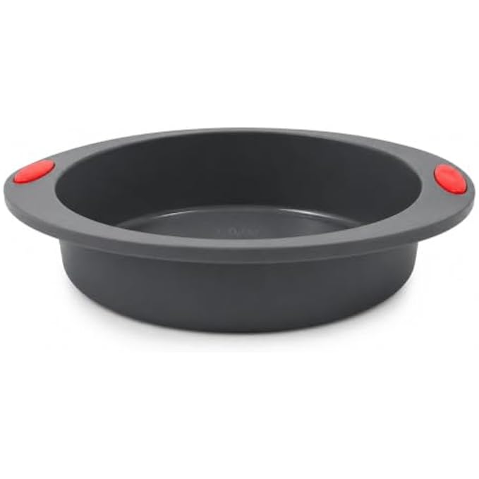 96 Pieces 9 Inch Round Silicone Cake Pans with Easy-Grip Handles (Food-Grade Non-Stick Baking Mold – Flexible Heat Resistant Bakeware – Easy Release and Easy Clean – Grey with Red Handles)