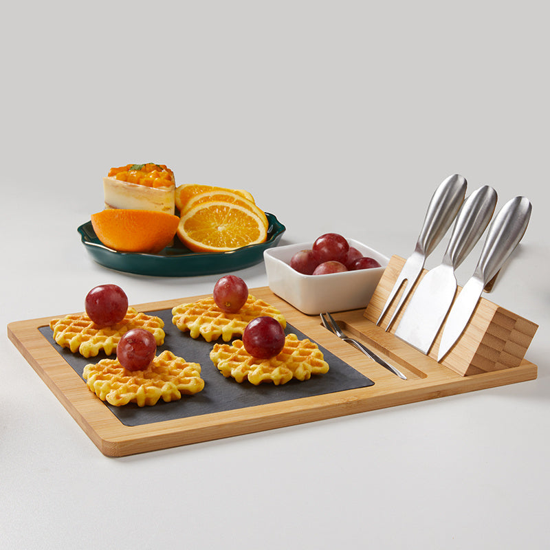 Eco-Friendly Bamboo Cheese Board Set with Slate and Stainless Steel Knives