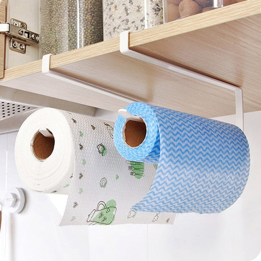 White under-shelf paper towel holder with a space-saving design