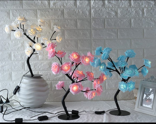 LED Flower Tree Lamp with White, Pink, and Blue Flowers