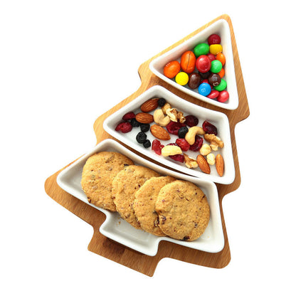 Eco-Friendly Bamboo Christmas Tree Serving Platter with Ceramic Dishes