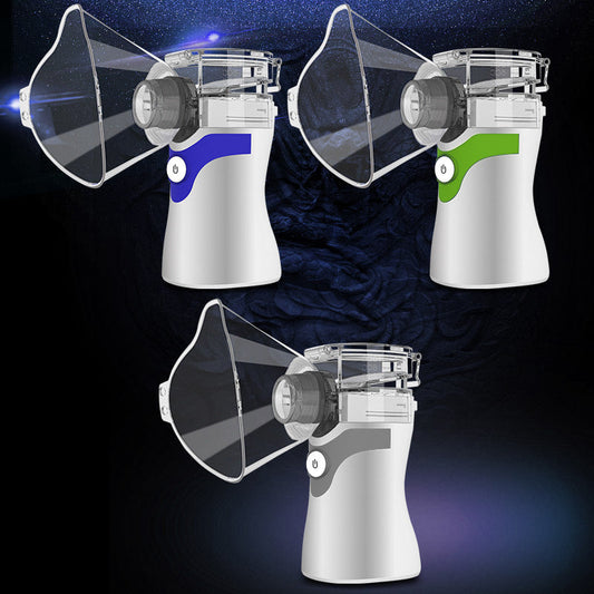 Portable nebulizer with white base and blue, green, or gray accents