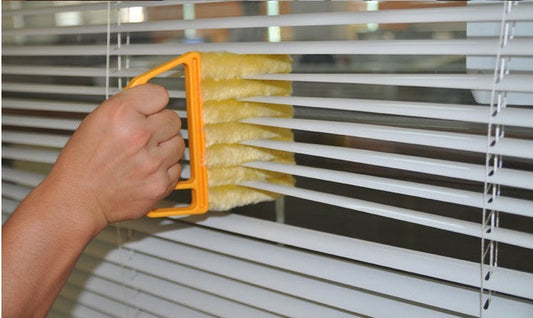 Yellow and orange handheld blind cleaner brush with reusable microfiber pads