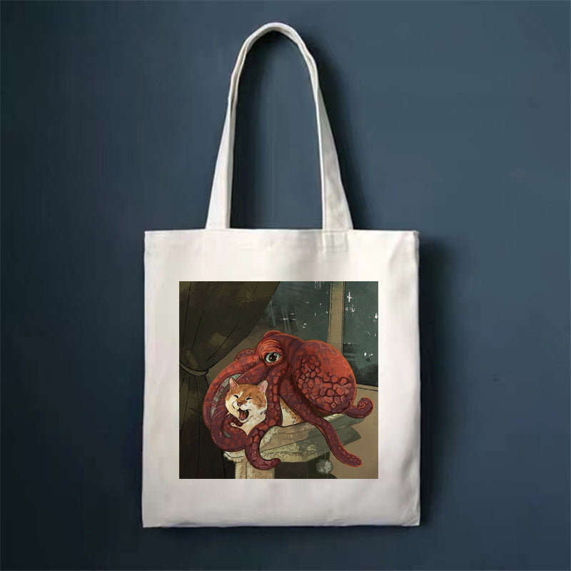 Eco-Friendly White Cat Tote Bag - Sustainable Cotton Reusable Shopping Bag