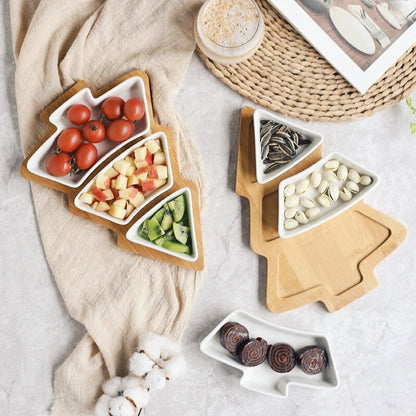 Eco-Friendly Bamboo Christmas Tree Serving Platter with Ceramic Dishes