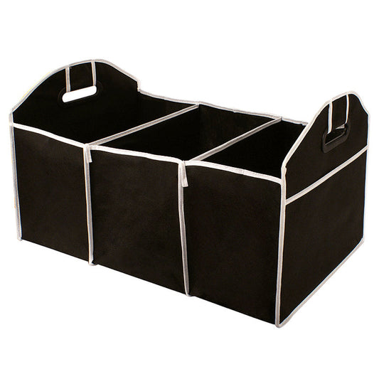 Black storage organizer with three compartments and white trim