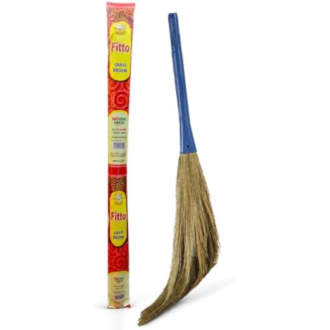 96 Pieces Natural Grass Brooms with Blue Handle for Indoor and Outdoor Sweeping (Lightweight Cleaning Broom)