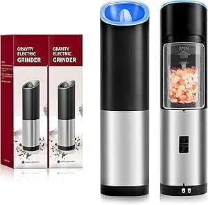 Gravity Electric Pepper Mill, Battery Operated, Automatic Salt Mill with Blue LED Light, One Handed Operation, Adjustable Coarseness, Silver
