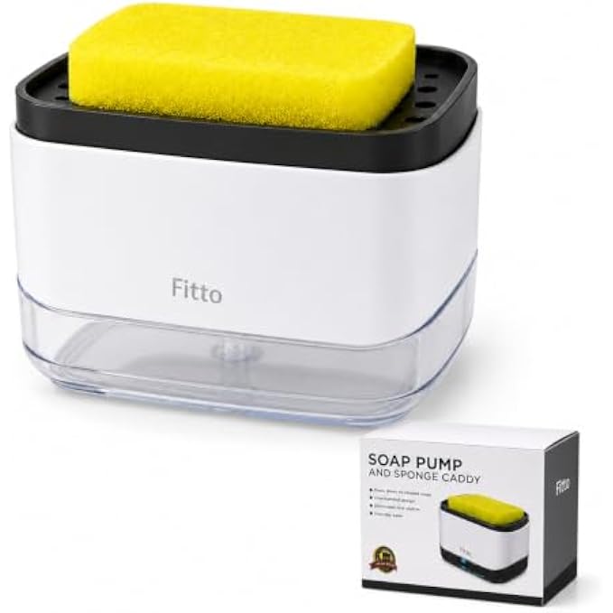 120 Pieces 2-in-1 Soap Pump and Sponge Caddies (400 ml Soap Dispenser with Drainage Tray – Press Top Sink Organizer – Refillable Countertop Sponge Holder – White and Black)