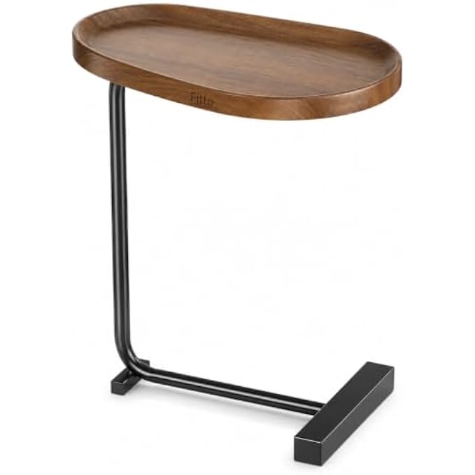 72 Pieces C-Shaped Side Tables with Walnut Finish Tray Top (Raised Edge and Sturdy Metal Frame – Space-Saving Sofa End Table – Walnut Brown and Black)