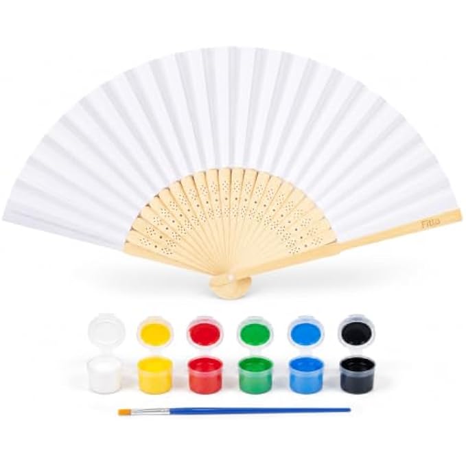 120 Pieces DIY Folding Hand Fan Painting Kits with White Paintable Fan (6 Paint Pots and Brush – Natural Wood and Assorted Colors)