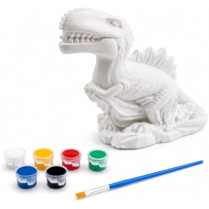 96 Pieces DIY Dinosaur Painting Kits with White Coloring Model (6 Paint Pots and Brush – 17 x 16.5 cm – Assorted Colors)