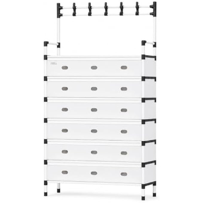 72 Pieces 6 Layer Shoe Racks with Front Doors (Space Saving Shoe Organizer with Top Hooks for Entryway – Bedroom – Closet and Hallway – White and Black)