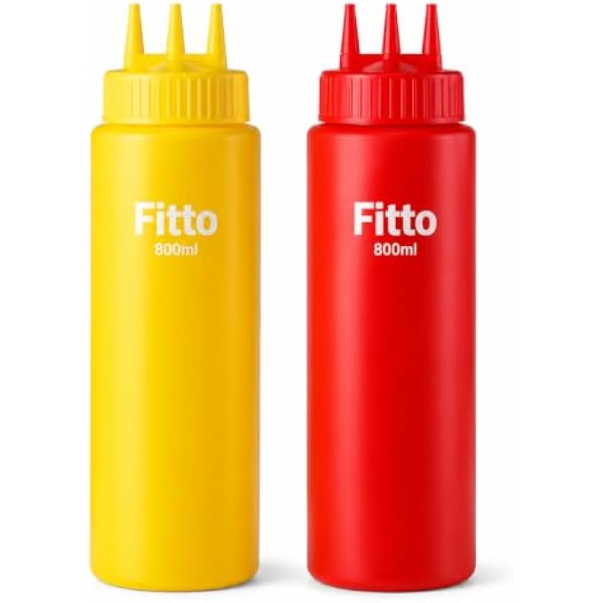 144 Pieces 800ml Squeeze Bottle Sets (2 Piece Sauce Dispenser Bottles with Precision Nozzle Cap – Food-Grade Refillable Plastic Condiment Bottles – Red and Yellow)