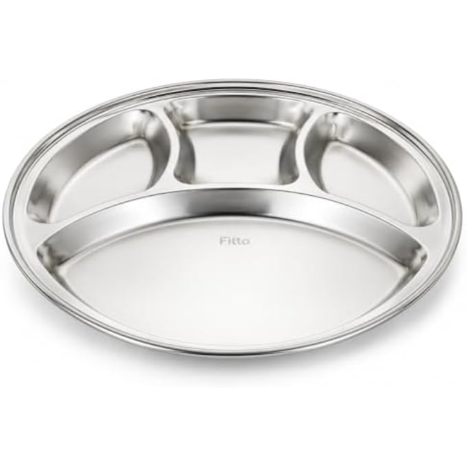 96 Pieces Stainless Steel Mess Trays (4 Compartment Round Food Plate – 304 Food-Grade Steel Dinner Thali – Reusable Serving Plate for Home – Canteen – Office)