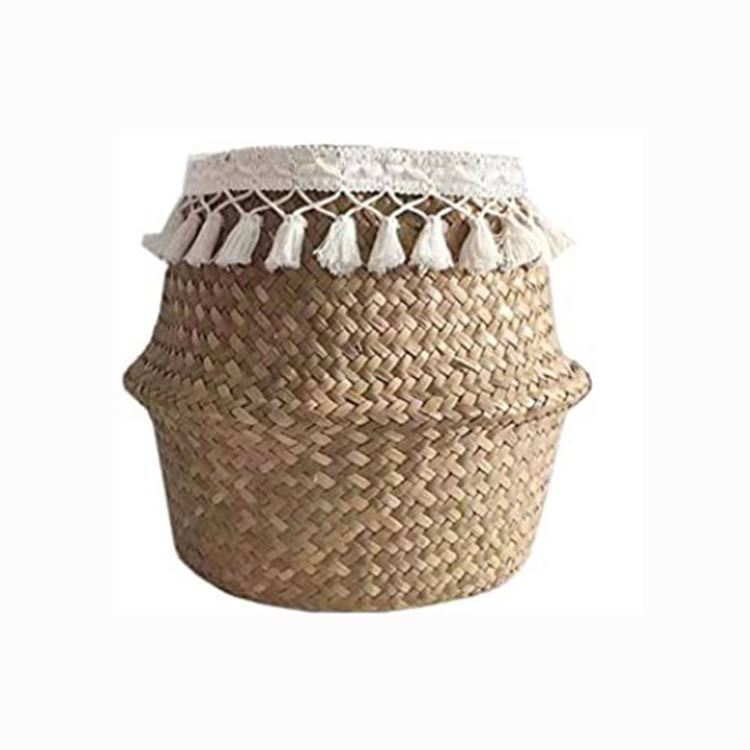 Eco-Friendly Natural Woven Basket with White Tassels for Stylish Storage