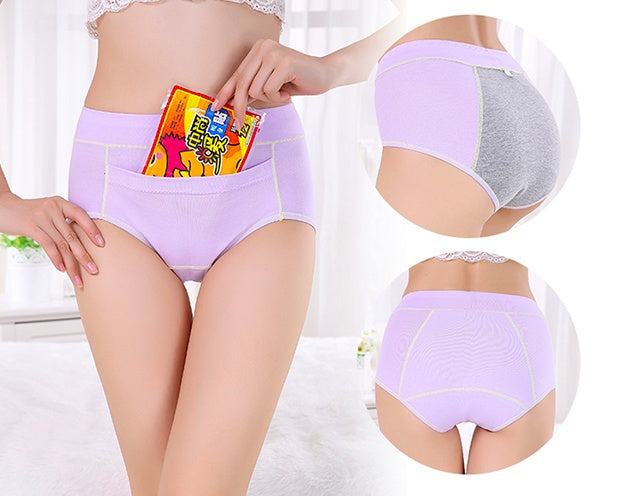Women's Cotton Briefs with Front Pocket - Light Blue with Pink Stitching