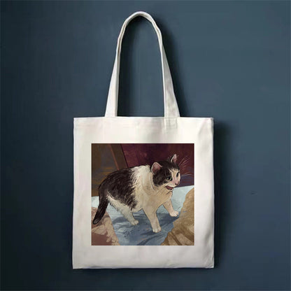 Eco-Friendly White Cat Tote Bag - Sustainable Cotton Reusable Shopping Bag
