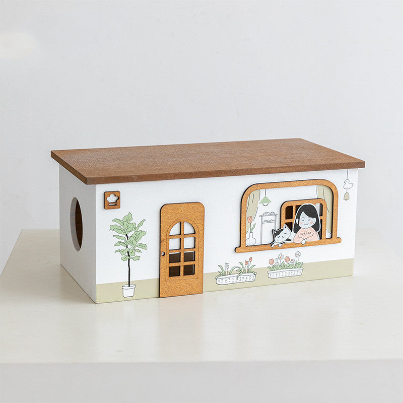Eco-Friendly House-Shaped Tissue Box Cover with Natural Wood Accents