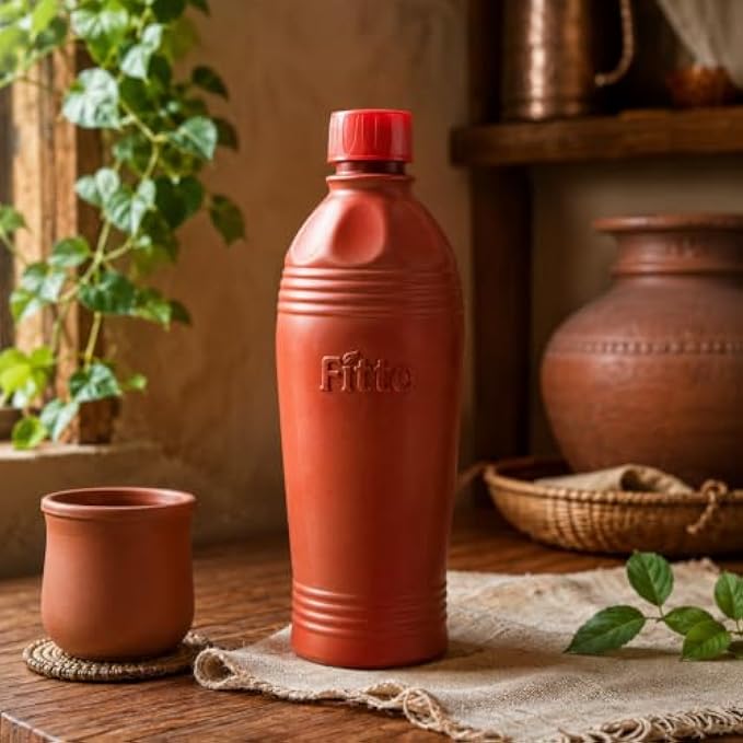 72 Pieces Natural Clay Water Bottles (1000 ML – Traditional Earthen Drinking Bottle with Cap – Reusable Eco-Friendly Cool Water Bottle for Home – Office and Daily Hydration)