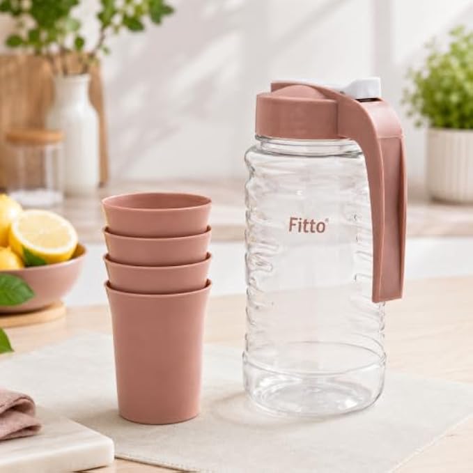 96 Pieces Water Jugs (4 Glasses – Clear Plastic Jug Set with Easy-Pour Lid – Comfort Handle – BPA-Free – Daily Use)