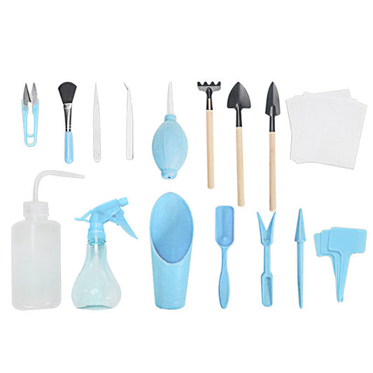 Eco-Friendly Gardening Tool Set in Light Blue and Wood