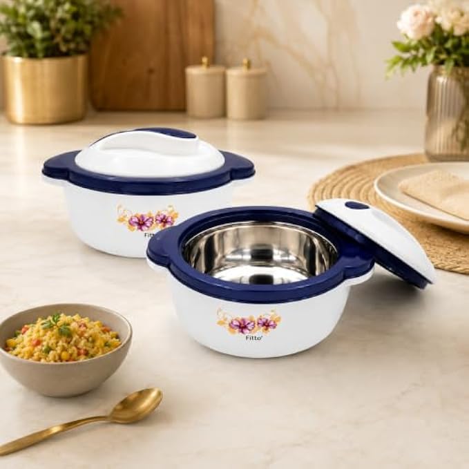 72 Pieces Stainless Steel Insulated Casseroles (2500ml – Hot Pot Food Warmer with Stainless Steel Inner Bowl – Secure Lid and Easy-Grip Handles – White and Navy Blue)