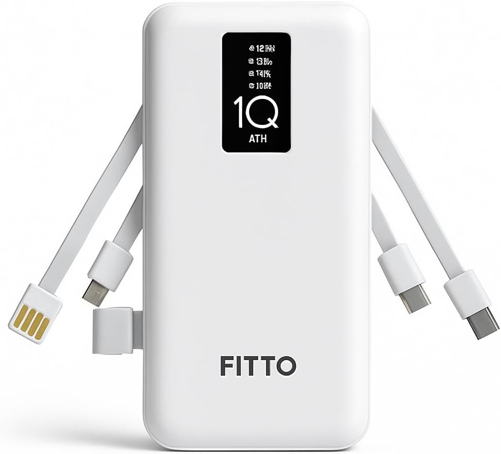 10000mAh Power Bank USB 4In1 Built-In Cables Compatible with Phones & Tablets
