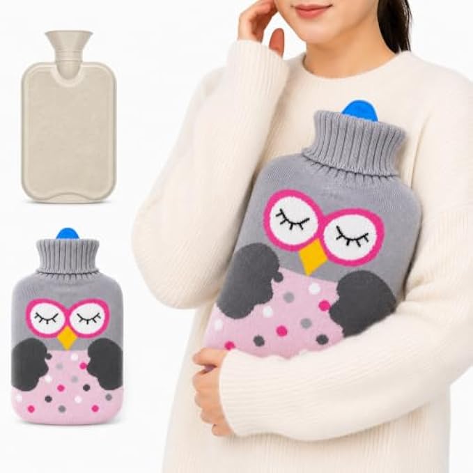 96 Pieces 2 Liter Hot Water Bags with Soft Owl Knitted Cover (Wide Mouth – Leak-Resistant Stopper – Reusable Warm Water Bottle – Grey)