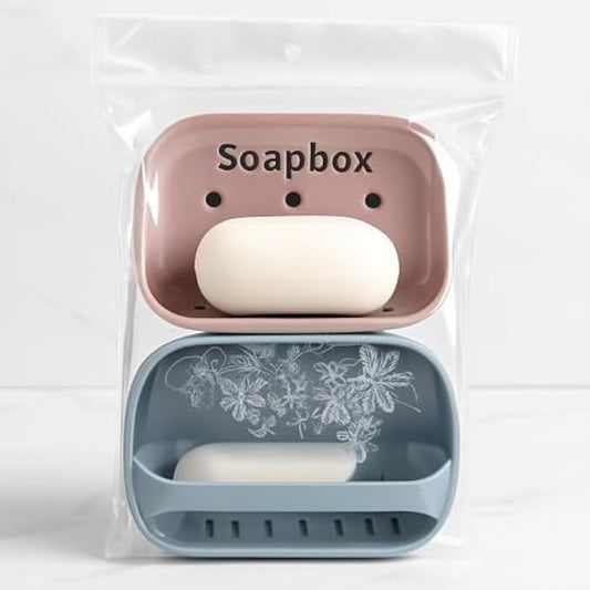 Soap Box Pack of 2 Assorted Colors - Plastic Soap Dish Holder for Bathroom & Travel, Ventilated Leakproof Soap Case for Bar Soap