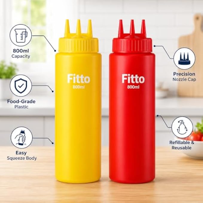 144 Pieces 800ml Squeeze Bottle Sets (2 Piece Sauce Dispenser Bottles with Precision Nozzle Cap – Food-Grade Refillable Plastic Condiment Bottles – Red and Yellow)