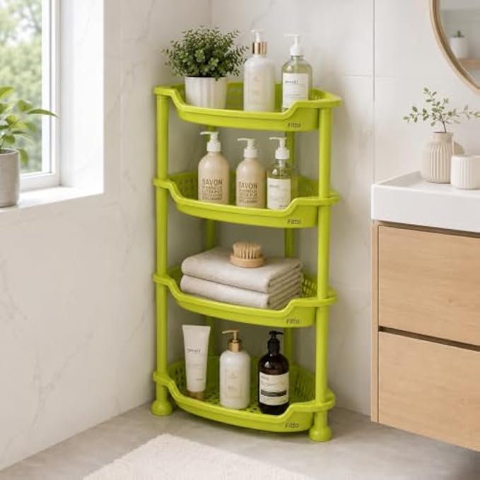 72 Pieces 4 Tier Corner Shelves (Plastic Corner Storage Rack with Ventilated Baskets – Space Saving Organizer for Kitchen – Bathroom and Home – 380 x 280 x 800 mm – Green)