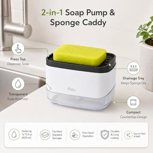 120 Pieces 2-in-1 Soap Pump and Sponge Caddies (400 ml Soap Dispenser with Drainage Tray – Press Top Sink Organizer – Refillable Countertop Sponge Holder – White and Black)