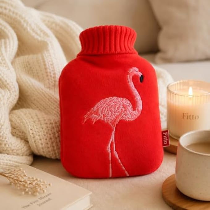 96 Pieces 2L Hot Water Bags with Red Flamingo Knitted Cover (Reusable Warm Water Bottle with Leak-Resistant Stopper for Home Comfort)